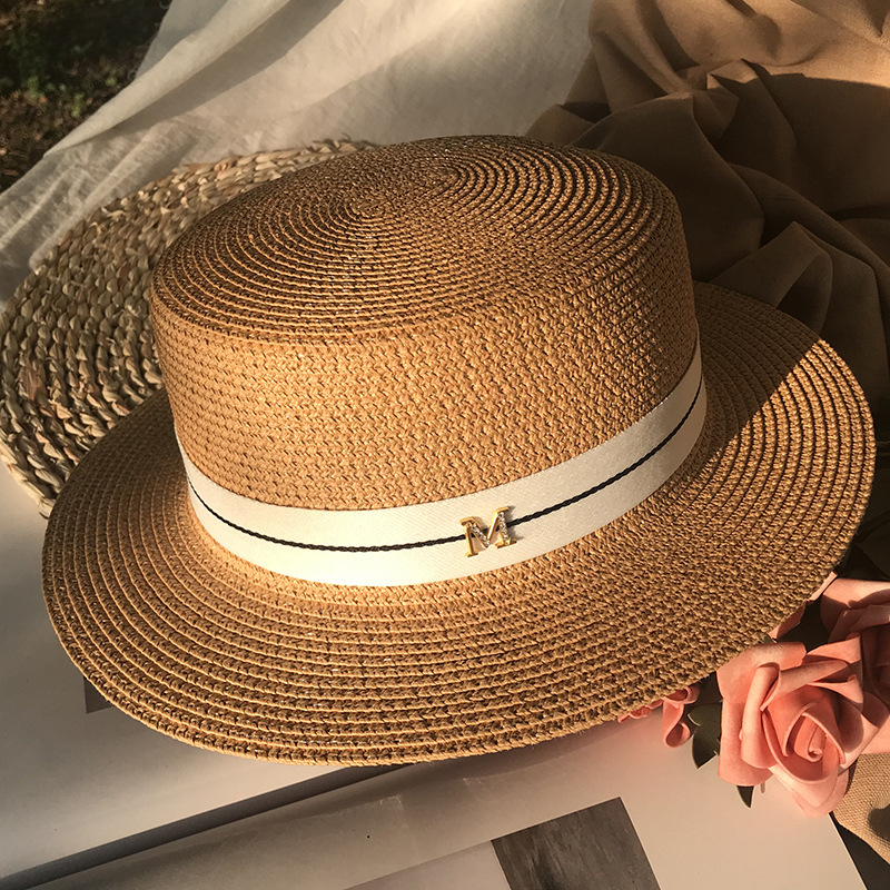 French romantic straw hat female flat top M letter white rover female British sunscreen seaside holiday sunshade hat tide
