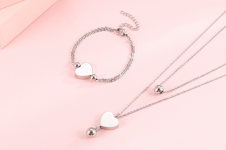 18K popular simple stainless steel double heart necklace bracelet set wholesale nihaojewelry
