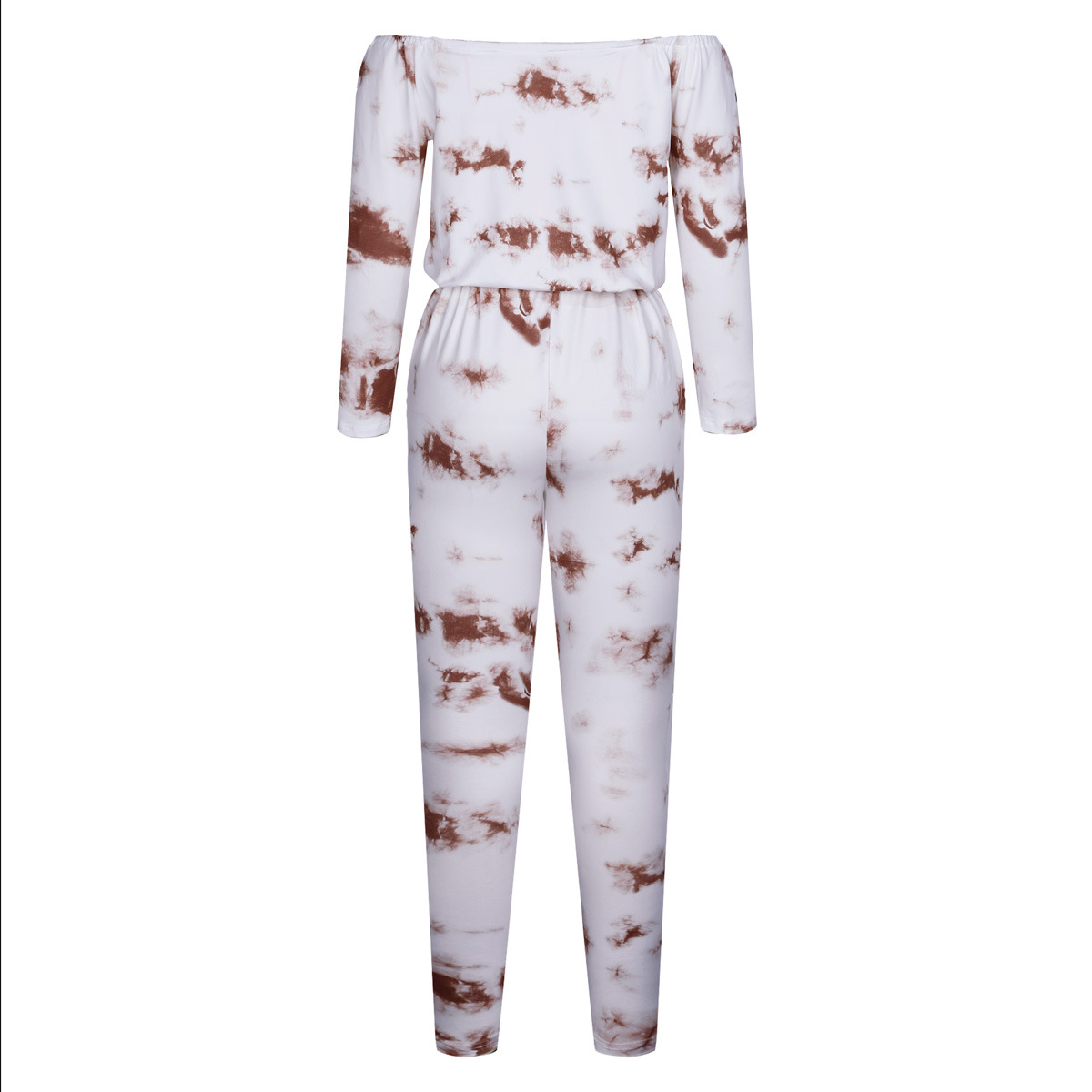 Fall Long Sleeve off Shoulder Lace up Pocket Ripped Tie Dye Jumpsuit