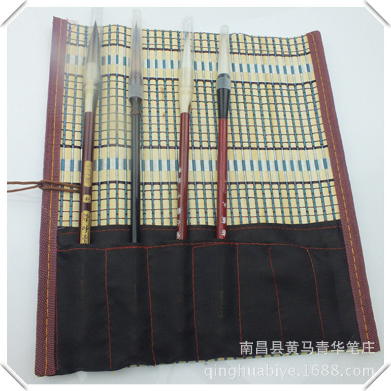 厂家批发文房四宝套件 毛笔用笔帘批发 竹子笔袋 收纳袋|ru