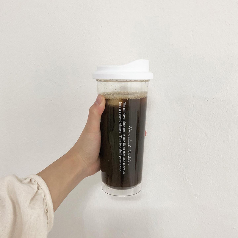 Corea del Sur ins estilo hecho en casa de manzana taza de plástico transparente taza portátil taza de café con tapa se puede insertar paja pareja taza de agua