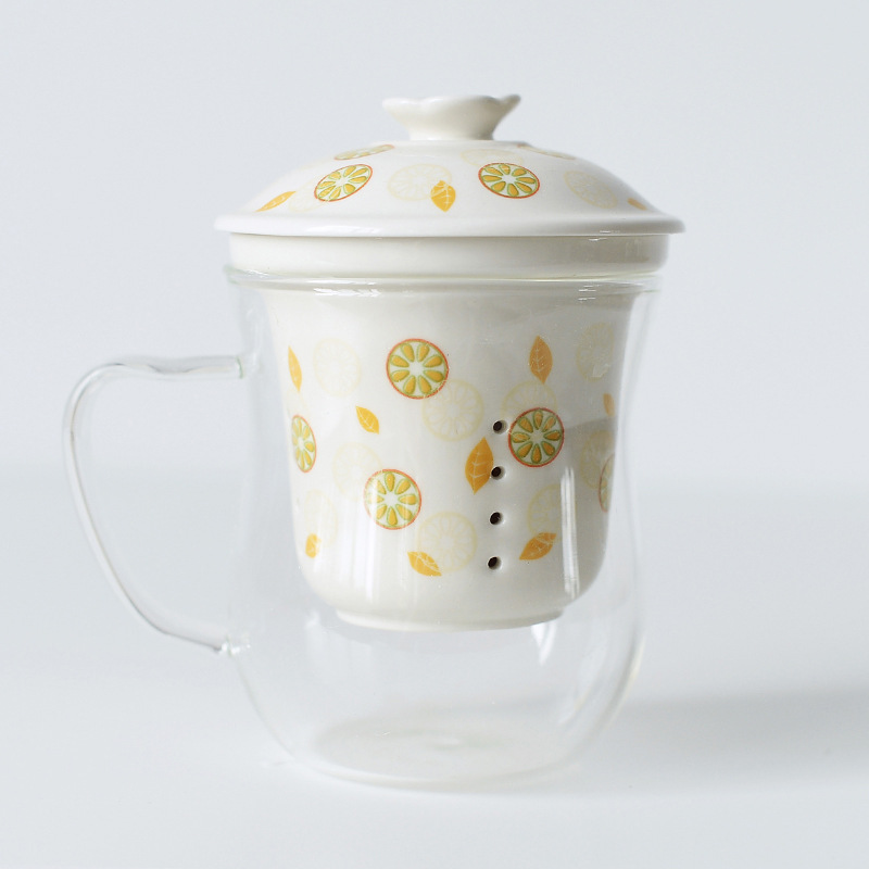 Taza de té original Taza transparente Taza de vidrio resistente a altas temperaturas Taza de té de separación de agua Taza de oficina Taza de cerámica con tapa