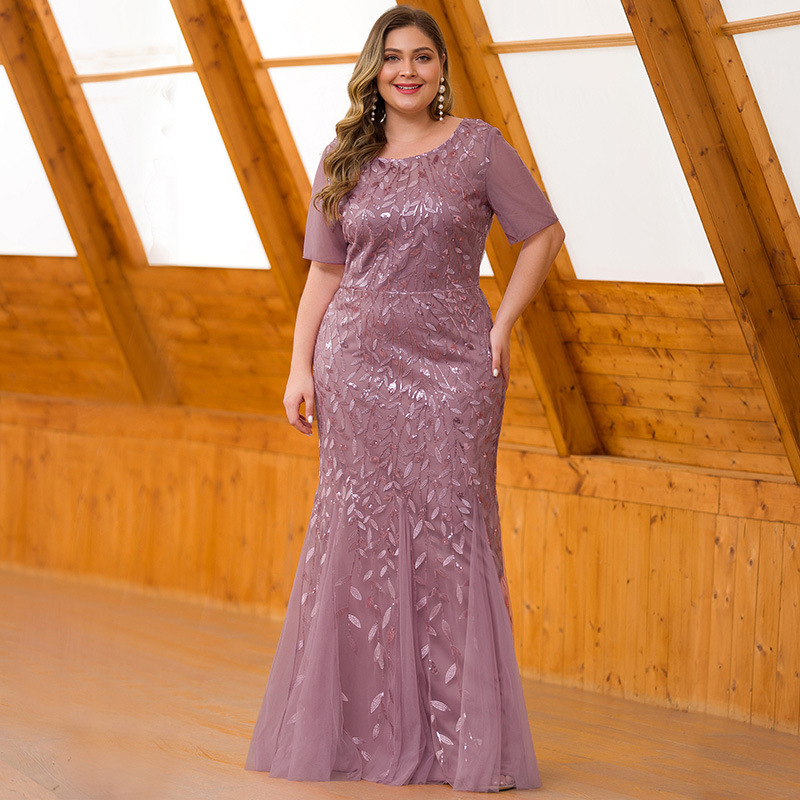 Polyester Fabric Fashion Formal Solid Color Round Neck Short Sleeve Lace Polyester Dresses Maxi Long Dress Evening Gown