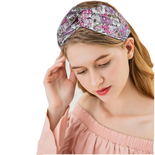 Wide-brimmed floral cross headband for women girls bohemian print knitted dance practice headband sweat-absorbent headscarf Sports yoga turban