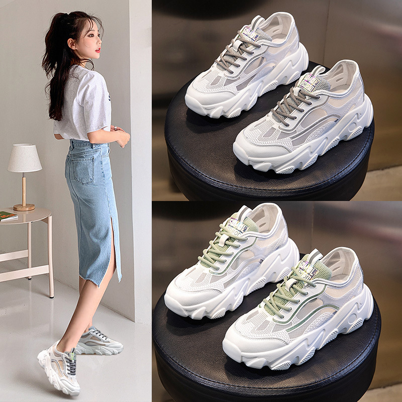 2021新款春夏季透气老爹鞋女厚底跑步冰丝真皮女鞋平跟运动鞋子女