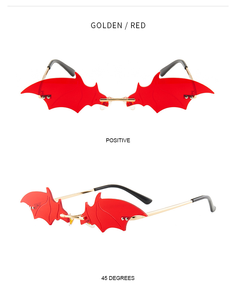 70g Weight Frameless Glasses Structure Sunglasses Classification PC, UV400 Protection Lens Material Special-Shaped Mirror Glasses Style Outdoor, Stage Occasion Halloween Festival Bat Pattern Unisex Gender Streetwear Style Gold Color Streetwear Bat PC UV400 Protection Special-Shaped Mirror Frameless Women's Sunglasses 8