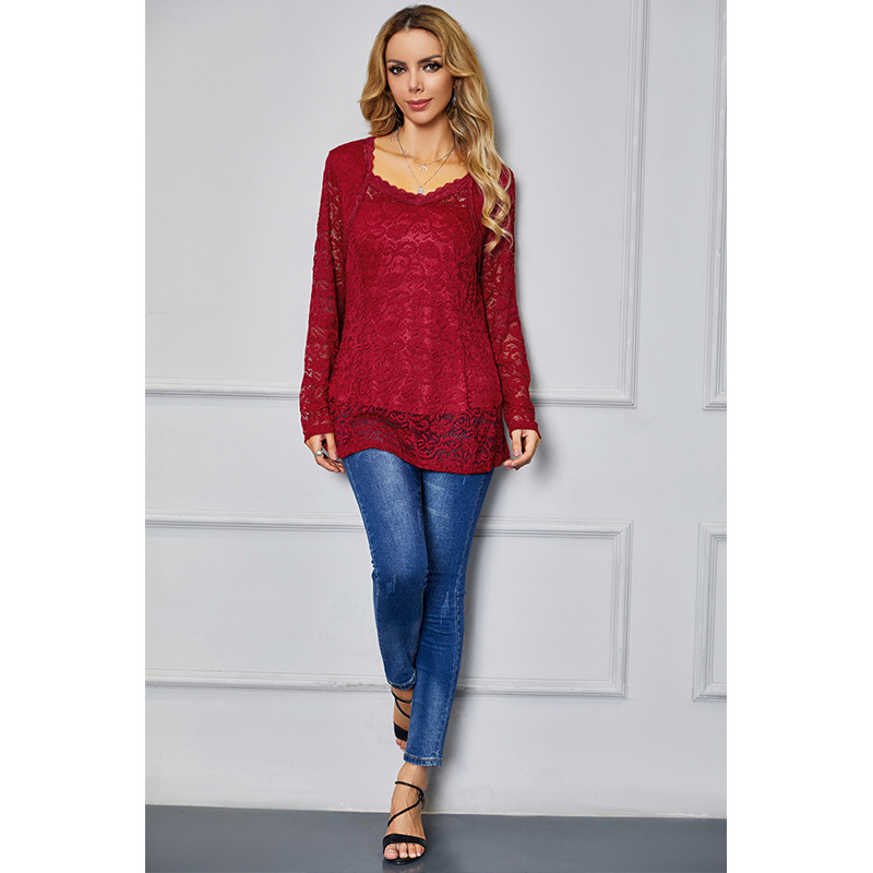 fashion red crochet hollow long-sleeved lace shirt top NSSA26008