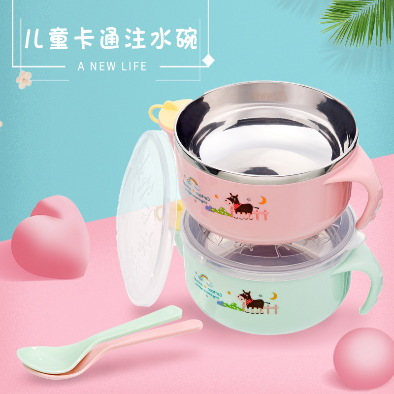 wholesale children Stainless steel Heat preservation bowl Cartoon Water Heat preservation bowl With cover children Auxiliary bowl Dishware bowl with spoon