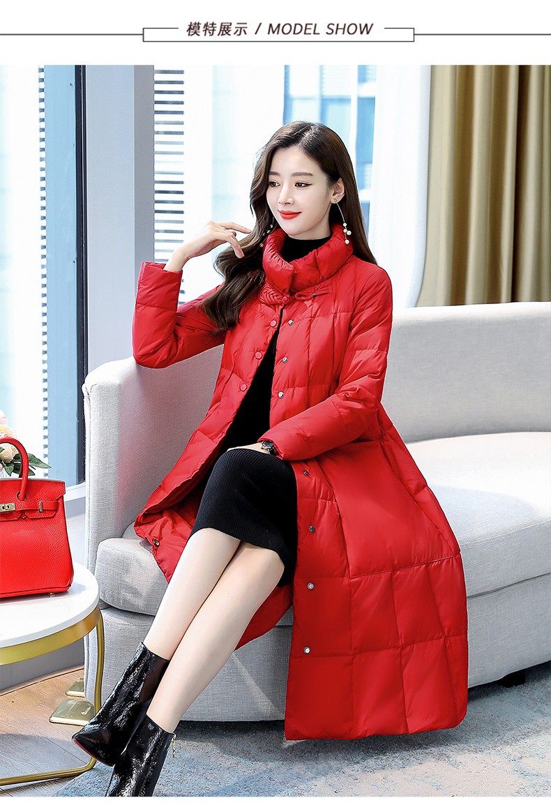 2020 New Arrival Women's A-Line Down Coat in Mid-Length, Fashionable Korean-Style, Loose Fit, Red Color with Stand Collar and White Duck Down