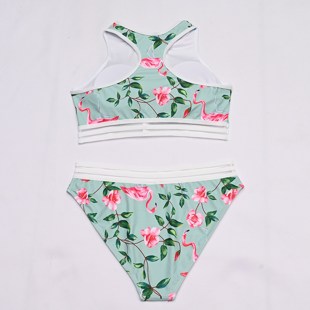 new high neck mesh bikini print high waist split swimsuit NSHL3290