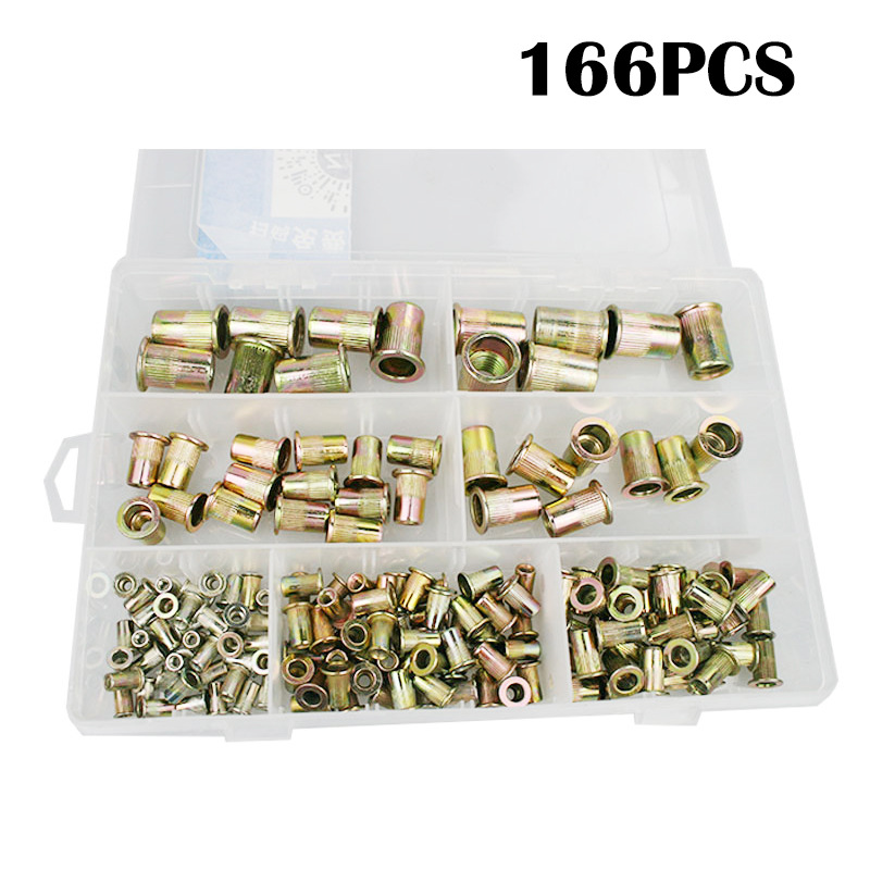 拉铆螺母盒装166pcs镀彩锌平头竖纹铆螺母组合螺帽拉帽M4-M12