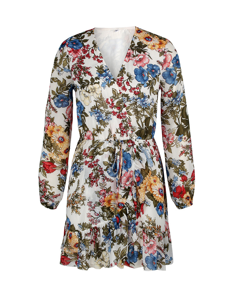 V-neck long-sleeved chiffon print dress  NSDY15647