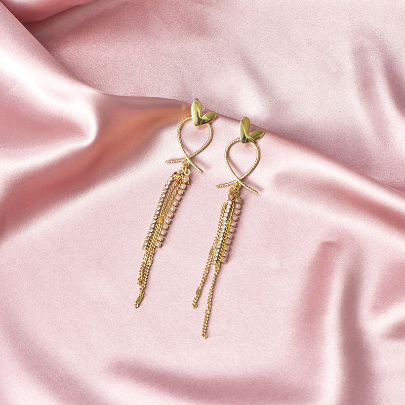 1 Pair Fashion Heart Shape Alloy Tassel Inlay Artificial Gemstones Women's Drop Earrings display picture 2