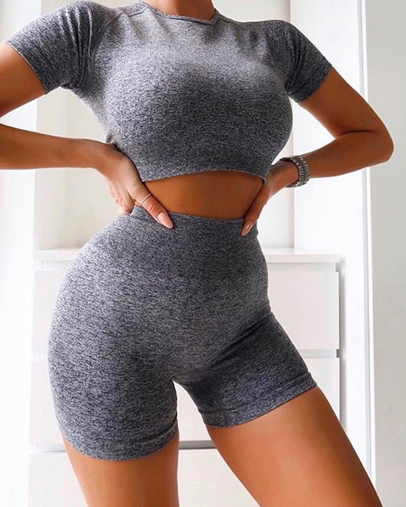 hip-lifting high-elastic round neck high waist short sleeve solid color top and shorts yoga set NSBDX132809