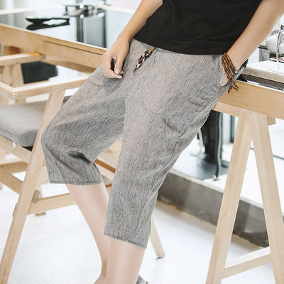 棉麻男夏季七分马裤子韩版潮流2019新款休闲亚麻运动七分沙滩中裤|ms