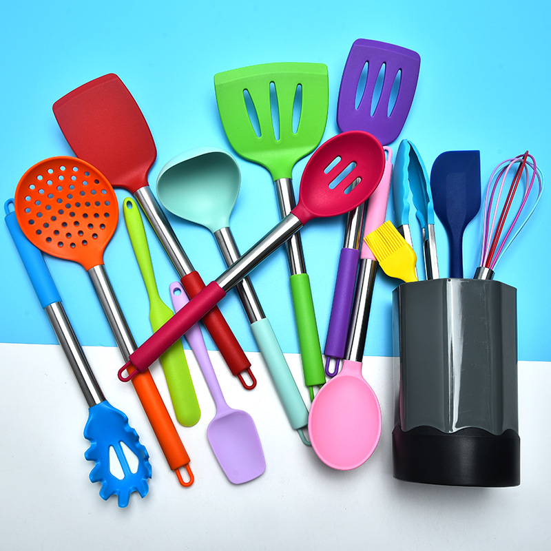 彩色硅胶厨具15件套 不锈钢手柄厨房用具家用烹饪勺铲厨具套装