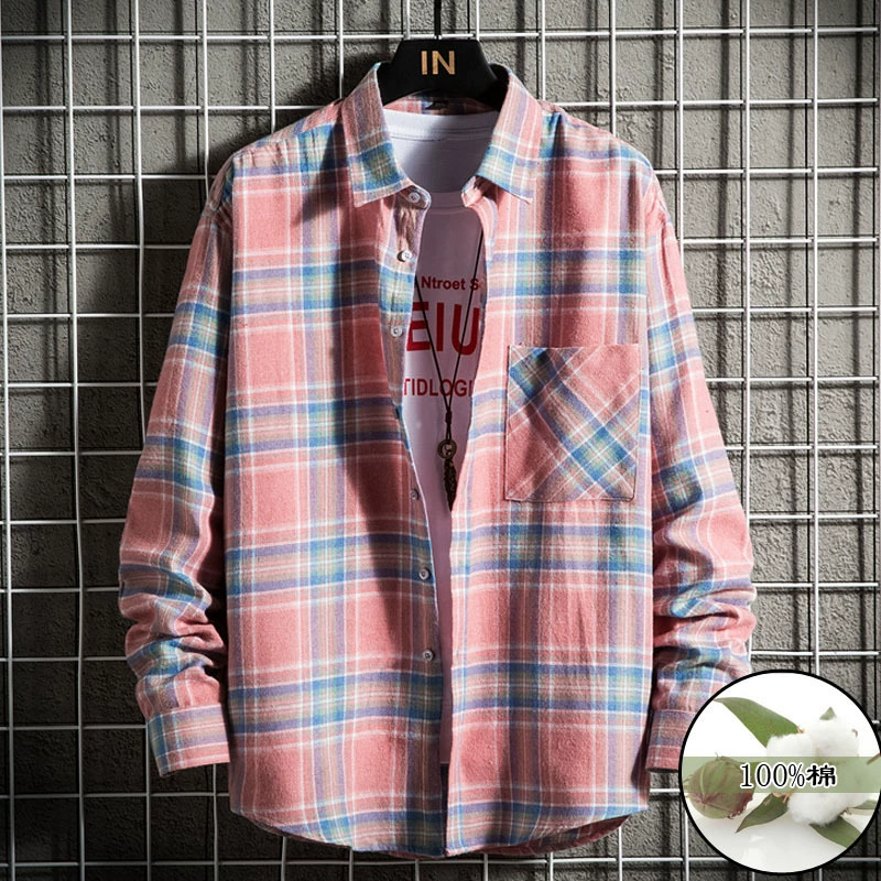 Трансграничные поставки модной шлифовальной повседневной рубашки с длинными рукавами для мужчин, осенняя новая молодежная свободная клетчатая рубашка, прилив