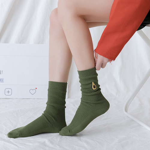 New manufacturer's autumn and winter fruit embroidered cotton socks for women Korean style pile socks Japanese solid color stockings