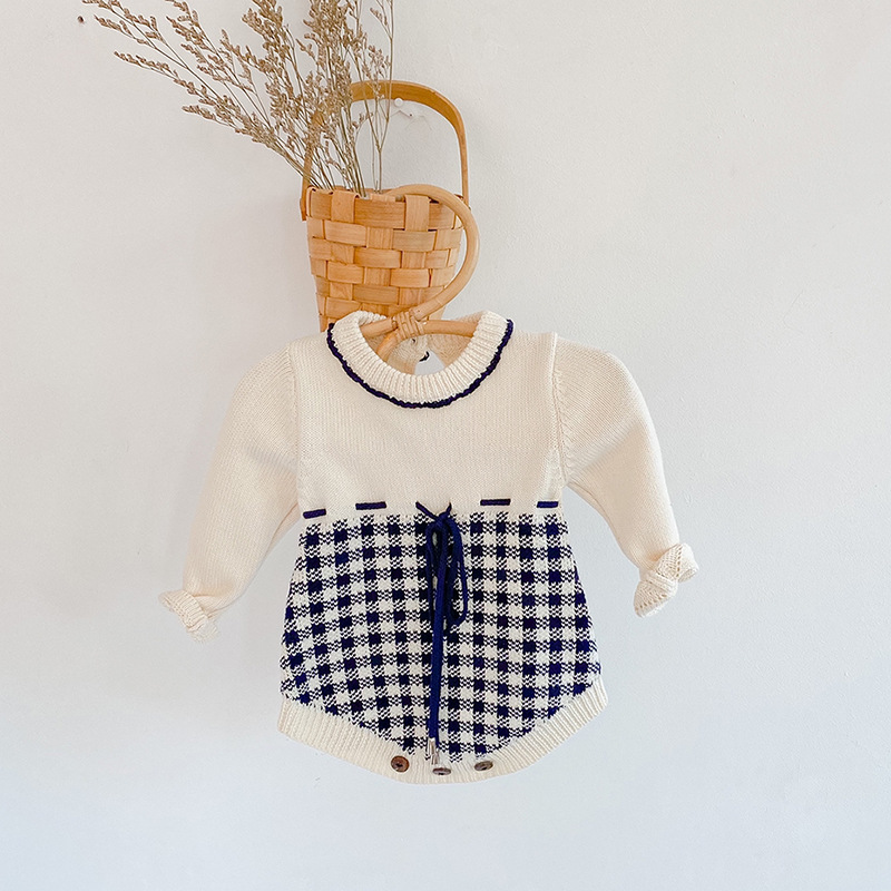 Instagram Primavera e Autunno Abbigliamento Bambina Neonata Tuta in Maglia a Quadri Borsa Farewell Sweetheart Triangolo_voghion.com