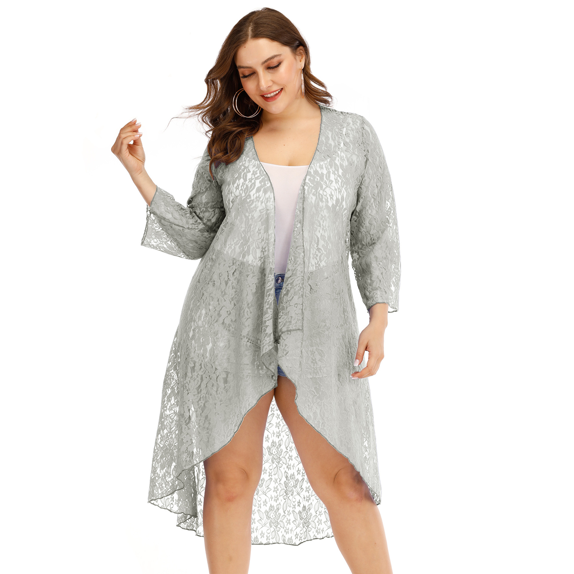 Plus size floral embroidere chiffon cardigan NSOY46238