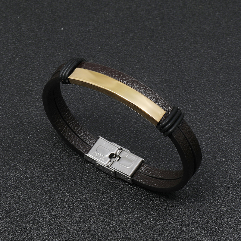 Simple Smooth Stainless Steel Men's Leather Bracelet display picture 8