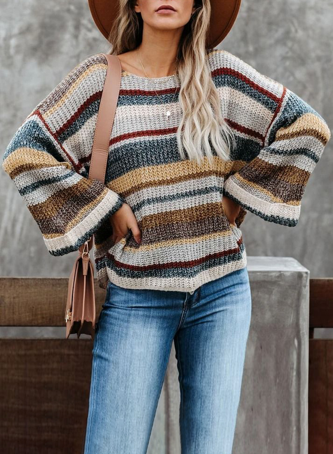  color striped long-sleeved loose round neck pullover sweater   NSSI2996