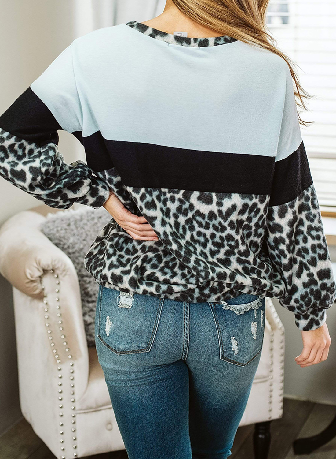 women autumn new leopard print stitching casual long-sleeved round neck pullover sweater  NSSI2733