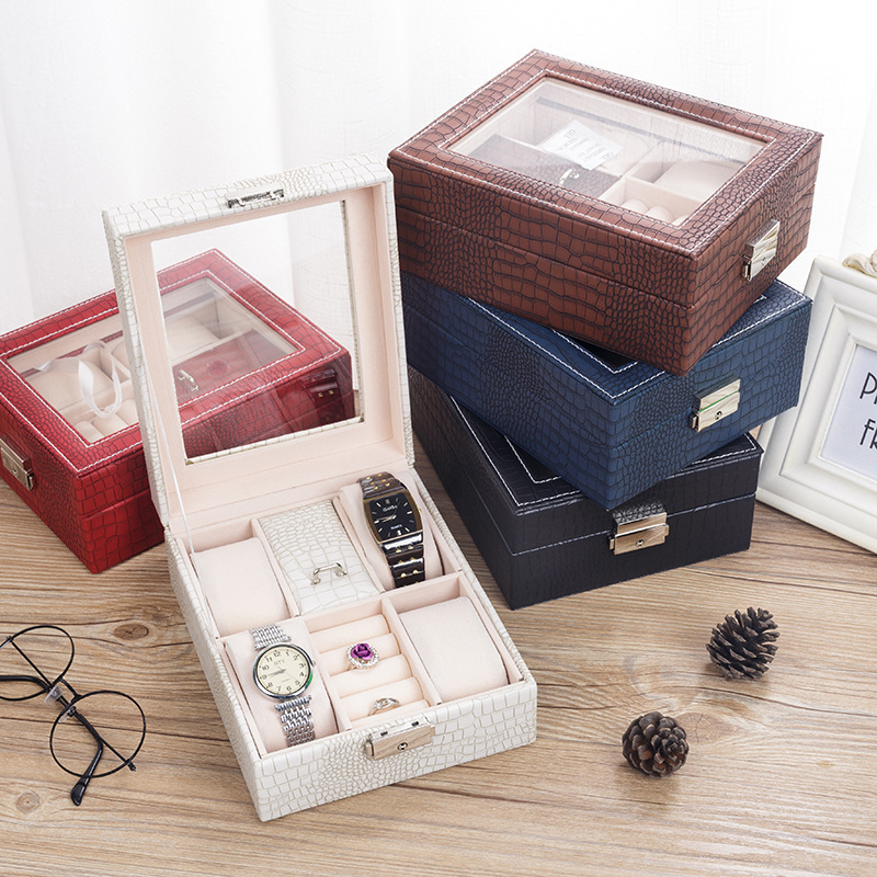 跨境貨源首飾盒蜥蜴紋皮革四位手表盒翻蓋便攜戒指手表收納盒子