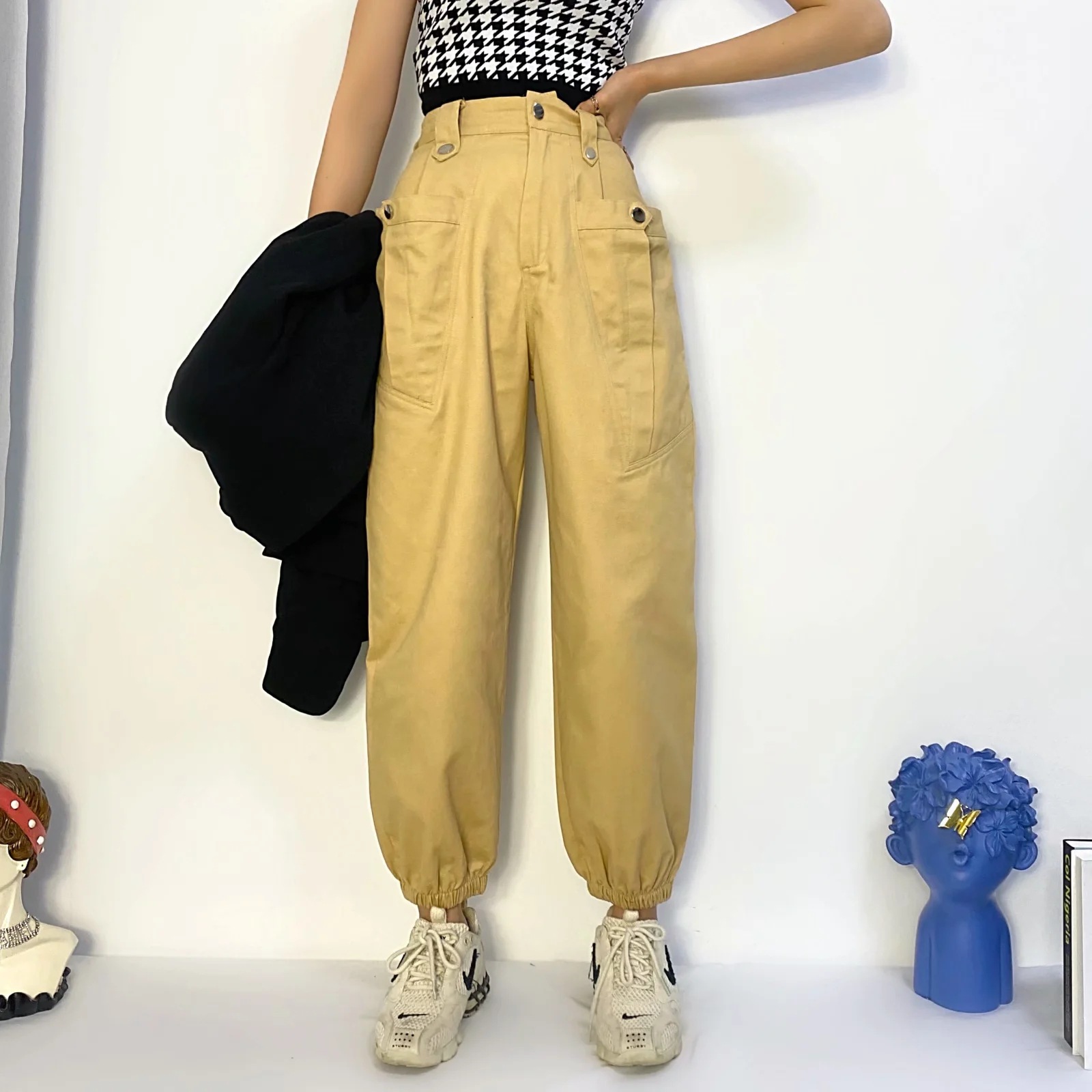 elastic waist pocket overalls pants NSHS33484