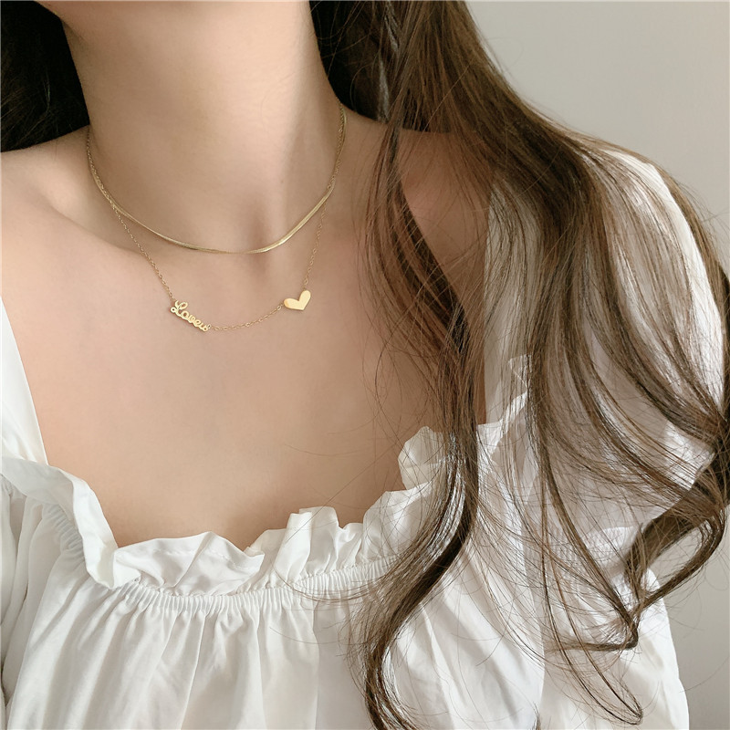 Korean Titanium Steel Gold-plated Double Layered With Love Letters Short Clavicle Chain Necklace Wholesale Nihaojewelry display picture 3