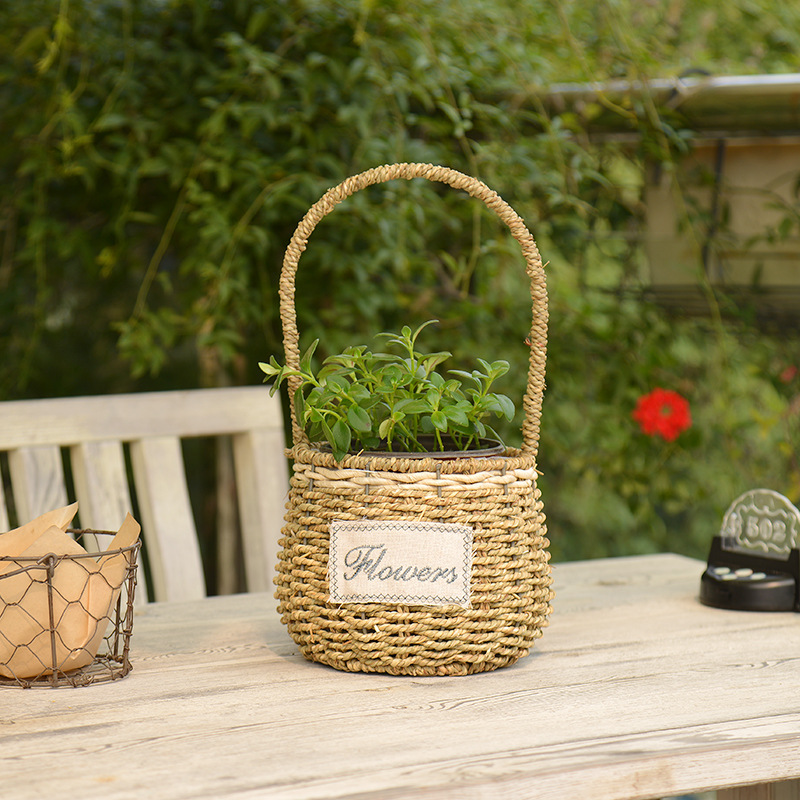 Directo de fábrica cesta de flores de paja tejido nórdico hecho a mano mimbre ratán jardín decoración boda flor cesta flor maceta