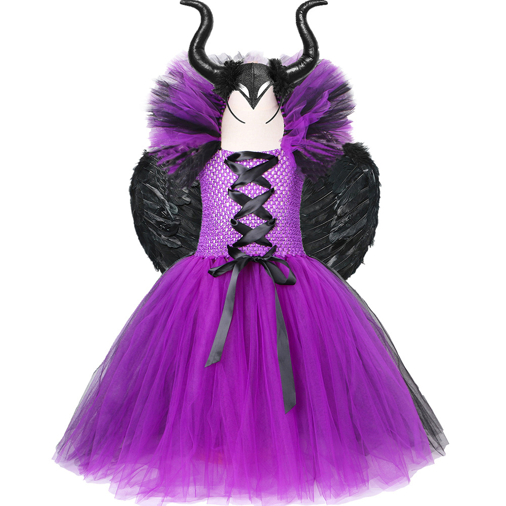 Abbigliamento per neonate Costume di Halloween Vestito da strega Vestito in tulle a rete viola e nero per bambine_voghion.com
