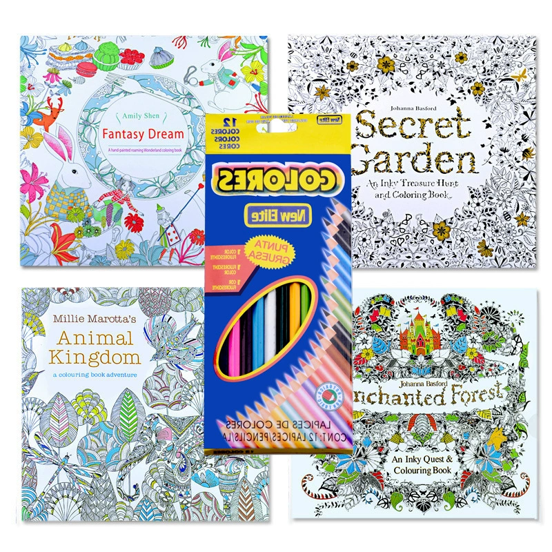 Coloring book set, anti‑stress illustrations, 18.5×18.5 cm, 24 pages, includes 12/24‑color lead options