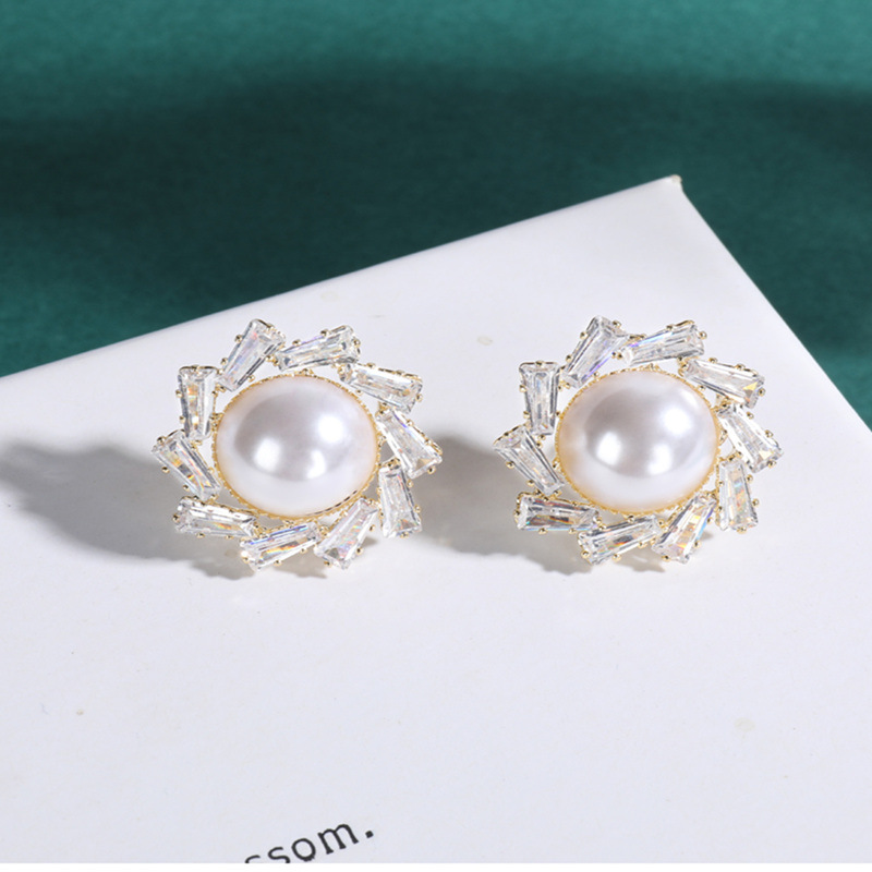 New Sweet S925 Sterling Silver Zircon Pearl Stud Earrings for Women Fashion Jewelry Simple Party Earrings for Girls Holiday Gift