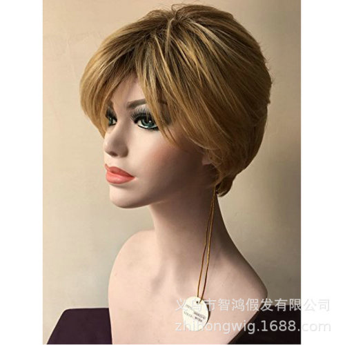 Amazon manufacturers supply European and American fashionable wigs with oblique bangs, short straight hair, full top, chemical fiber golden yellow full headgear