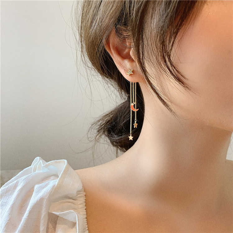 1 Pair Fashion Star Moon Tassel Alloy Dangling Earrings display picture 1