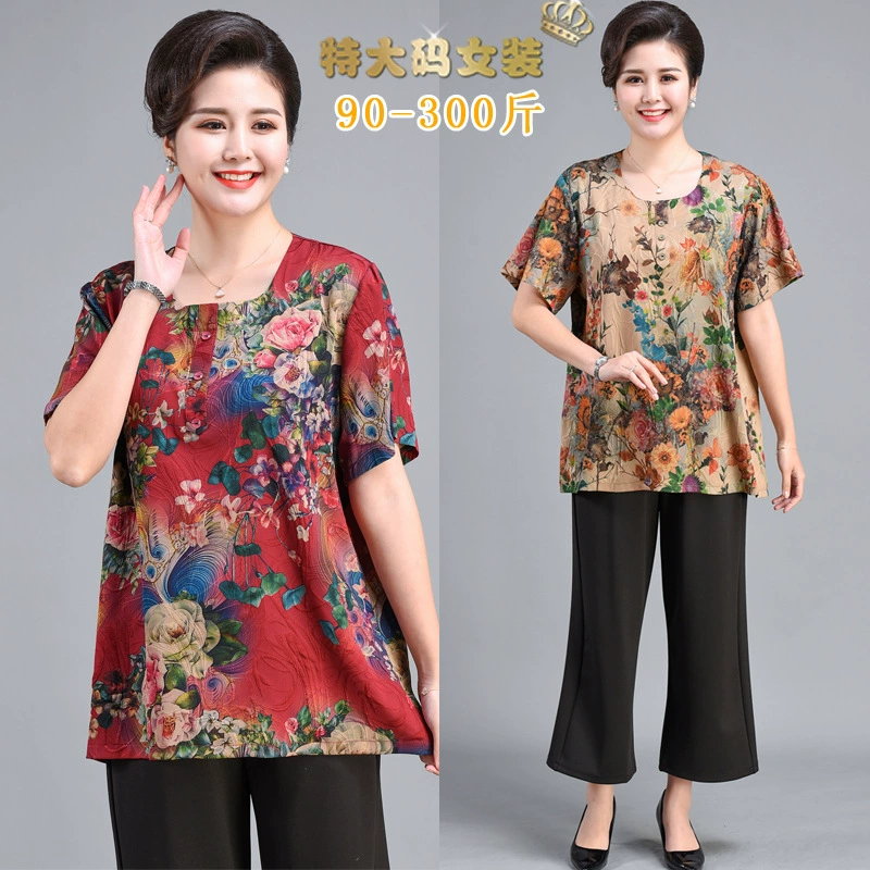 Костюм, новый наряд для матери, женская летняя рубашка среднего и пожилого возраста, большие размеры, комплект из двух предметов средней длины, плюс жир, плюс