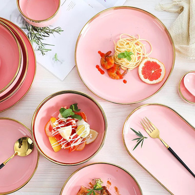 金边粉色少女心陶瓷餐具碗碟套装西餐盘家用菜盘子饭碗大面碗汤碗