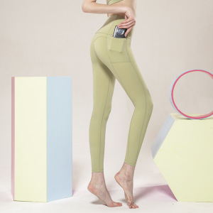 新款拼接裸感口袋瑜伽裤女跑步健身裤高腰高弹外穿运动紧身裤九分