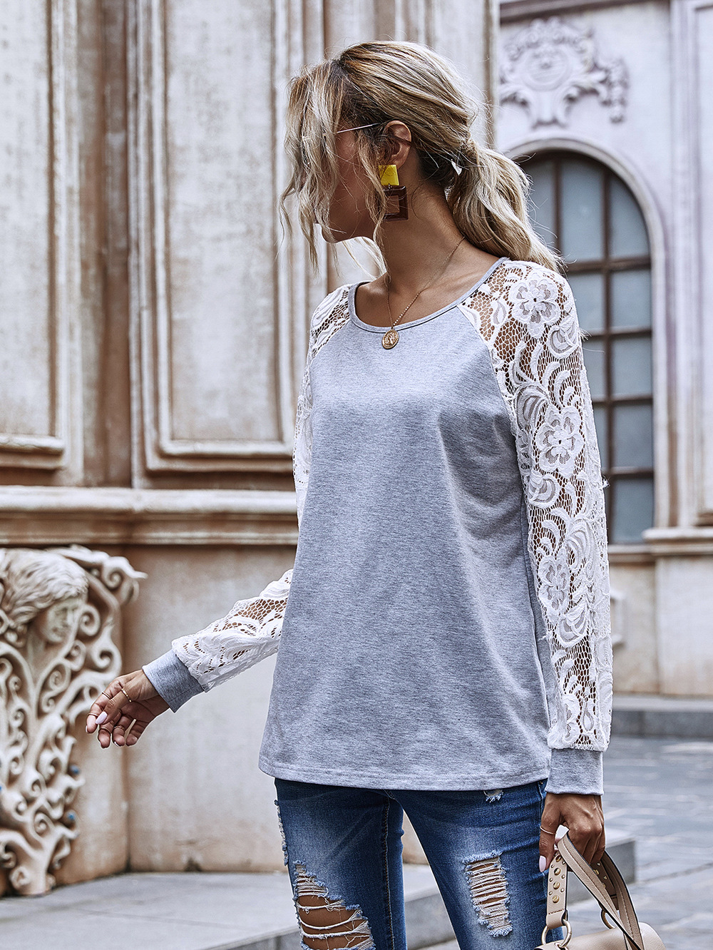 hollow lace sleeve round neck sweater women new casual top wholesale NHDF56