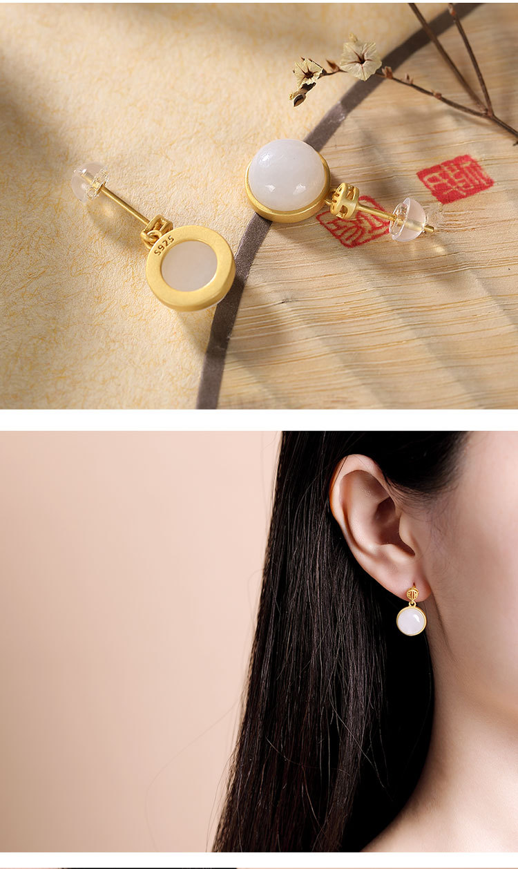 Bông tai nữ bạc S925 mạ vàng đính mã não đỏ và ngọc bích Hetian phong cách cổ điển — Kiểu Sapphire chi tiết 4
