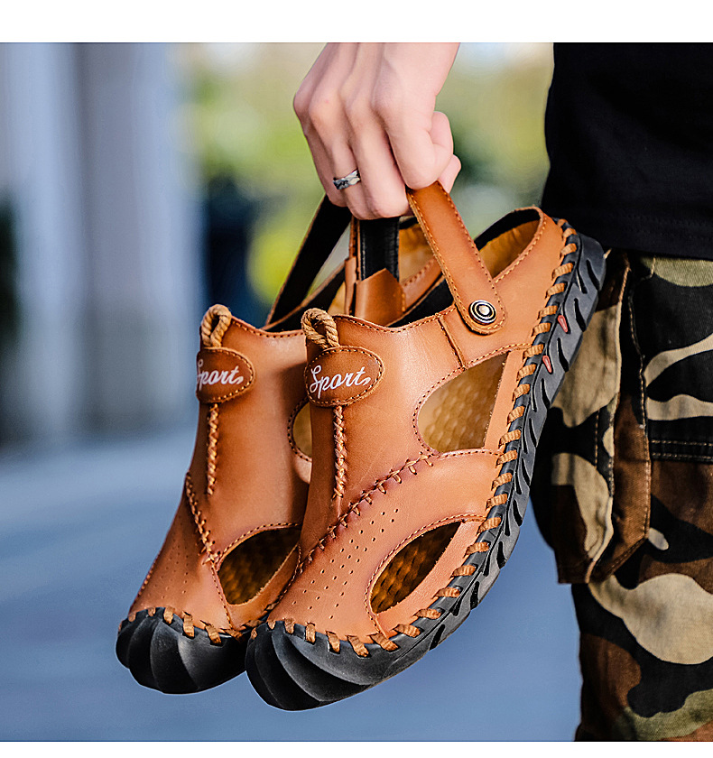 Cross-border large-sized genuine leather men's sandals, beach flip-flops, two-in-one men's casual cool leather shoes, top layer cowhide men's shoes, breathable undefined