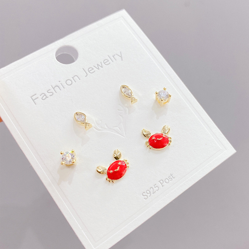 Cute Crab Copper Plating Zircon Ear Studs 3 Pairs display picture 1