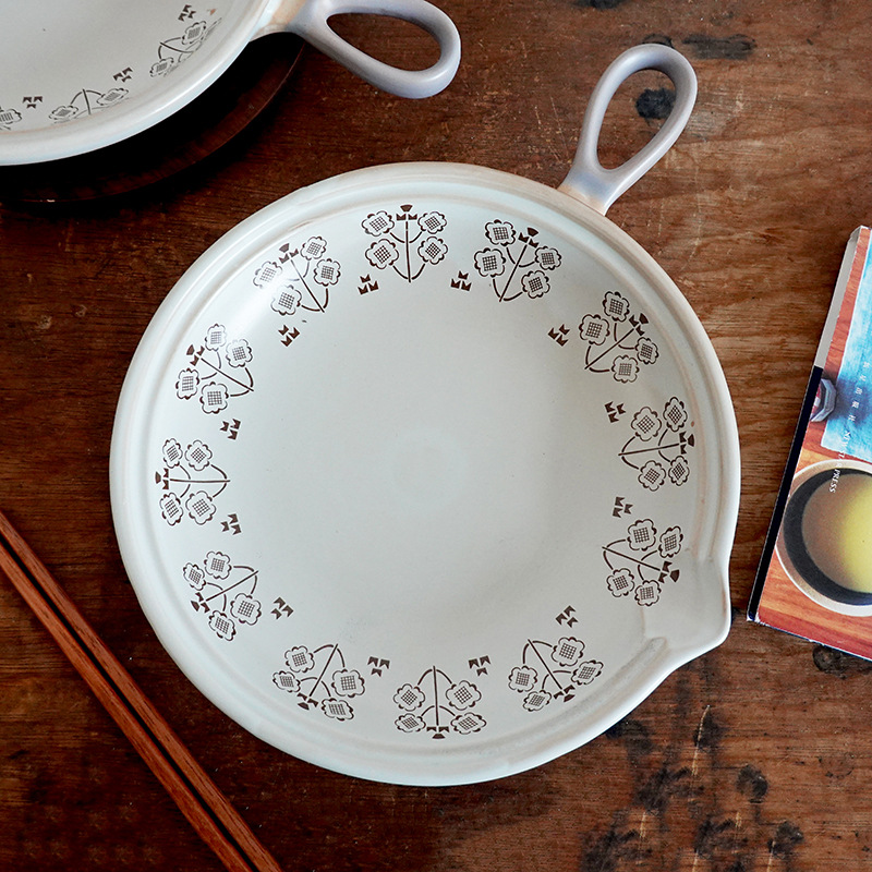 Japanese Breakfast Plate Steak Plate Ceramic Flat Bottom Casserole Can Open Flame Gas Handle Pot Omelette Pot