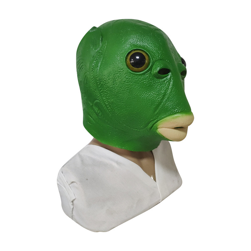 En stock Internet celebridad máscara de látex TikTok divertido verde cabeza de pescado cubierta arena tallado expresión extraño pescado látex cabeza cubierta