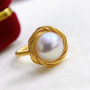 14K gold injection material open winding pearl ring pearlescent super beautiful girls Joker jewelry wholesale