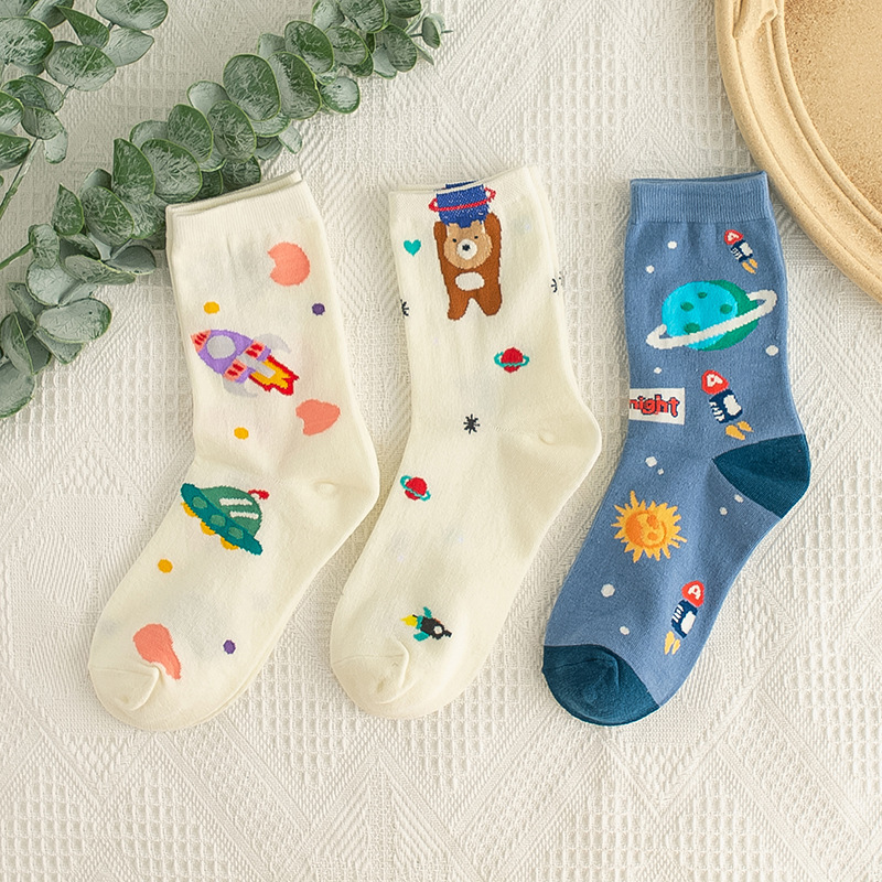 2022 Spring and Autumn New Women's Socks Space Rocket Series Women's Socks Cartoon Pattern Long Casual Women's Cotton Socks