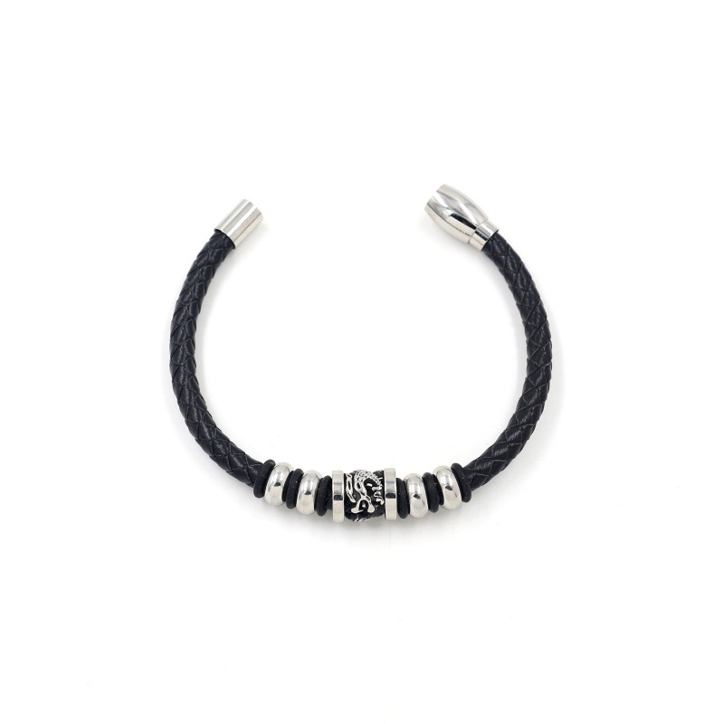 Europäischer Und Amerikanischer Neuer Schmuck Herren Punk Stil Rindsleder Gewebtes Seil Armband Drachen Förmiges Zubehör Titan Stahl Leder Armband display picture 3