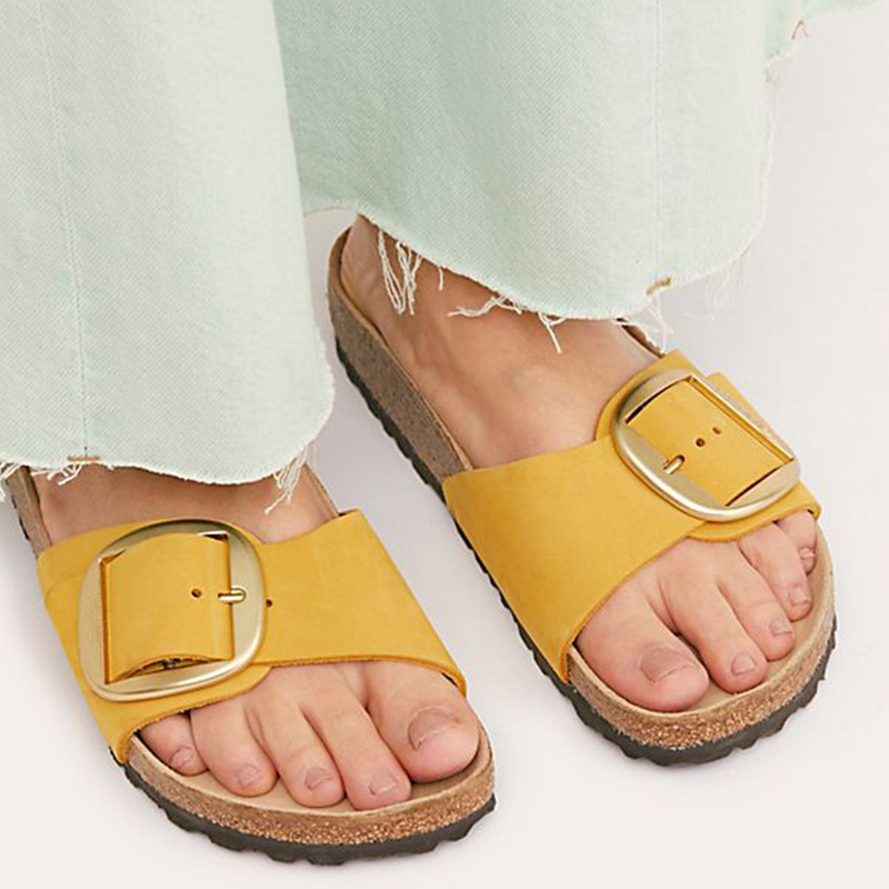 亚马逊大码夏季新款拖鞋外贸厚底平底一字拖时尚外穿扣子凉拖鞋