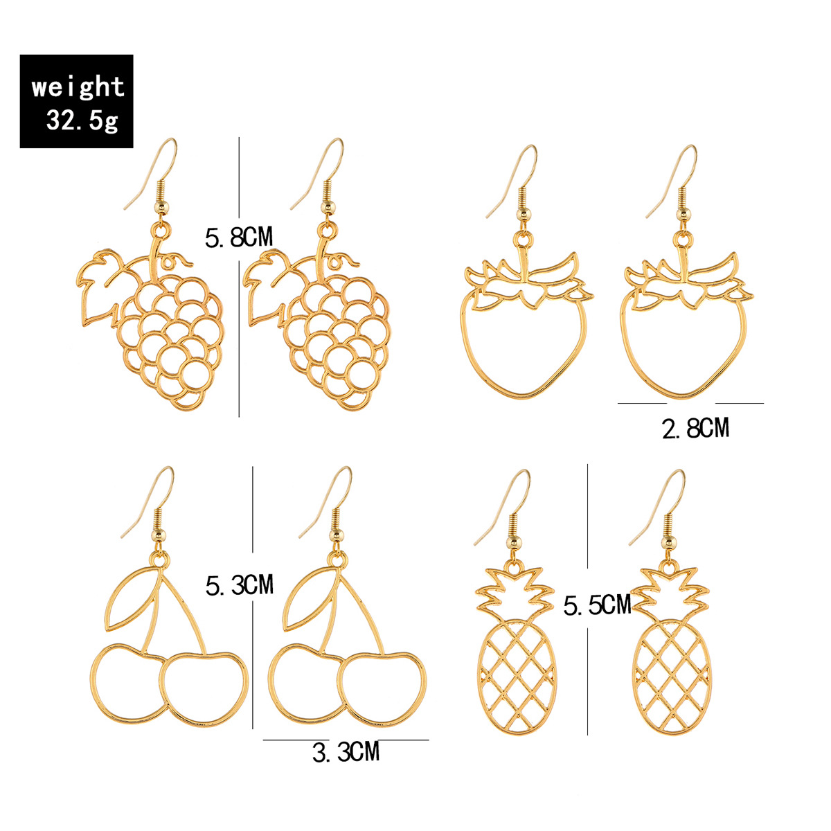 Ensemble De 4 Boucles D&#39;oreilles À La Mode, Fruits Creux, Raisin, Fraise, Cerise, Ananas display picture 6